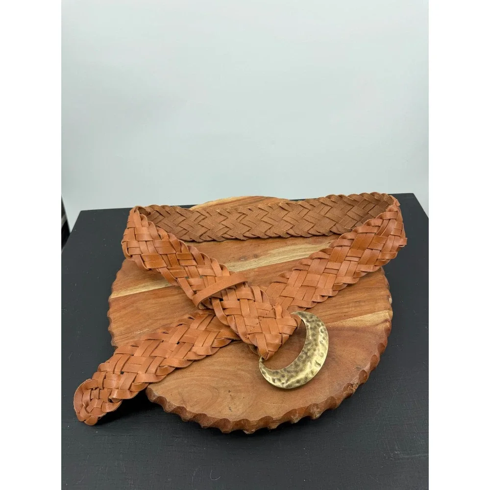 Coldwater Creek Braided Leather Belt Women Large Brown Hammered Crescent Buckle